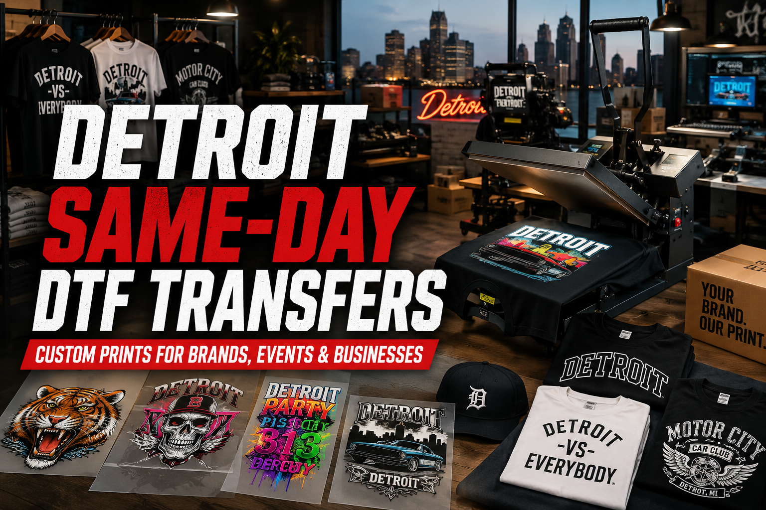 Same-day DTF transfers in Detroit with custom printed apparel for businesses, events, and clothing brands