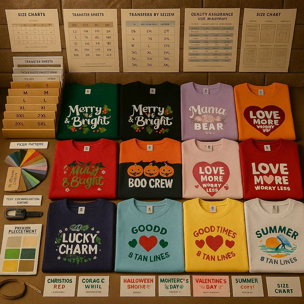 Collection of colorful t-shirts with various designs and text on a wooden surface.