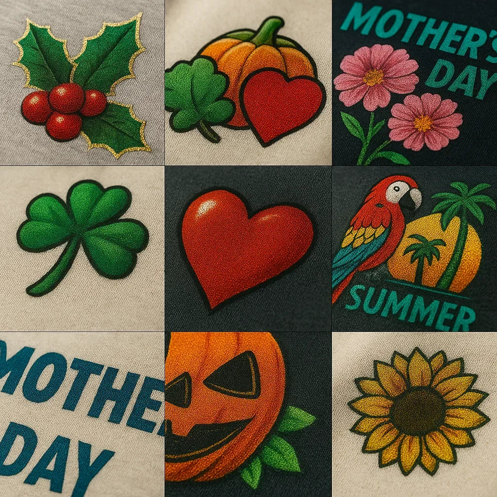 Collection of embroidered patches with various designs including holly, pumpkins, flowers, hearts, parrots, and sunflowers.