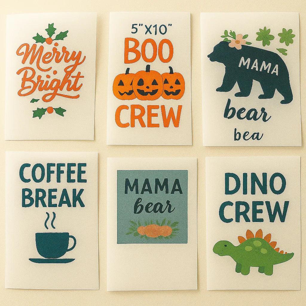 Set of six decorative cards with various designs and text on a beige background