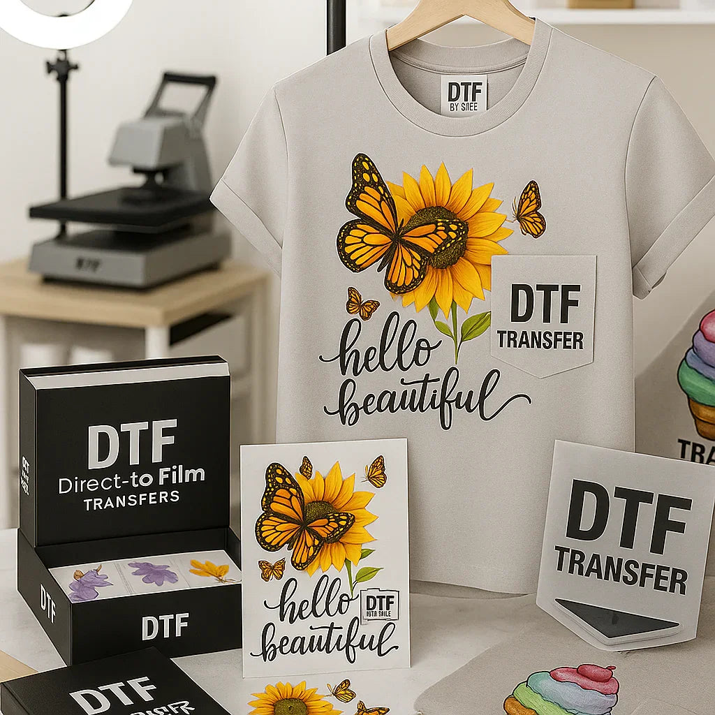 T-shirt with sunflower and butterfly design, DTF transfer materials, and printer in the background.