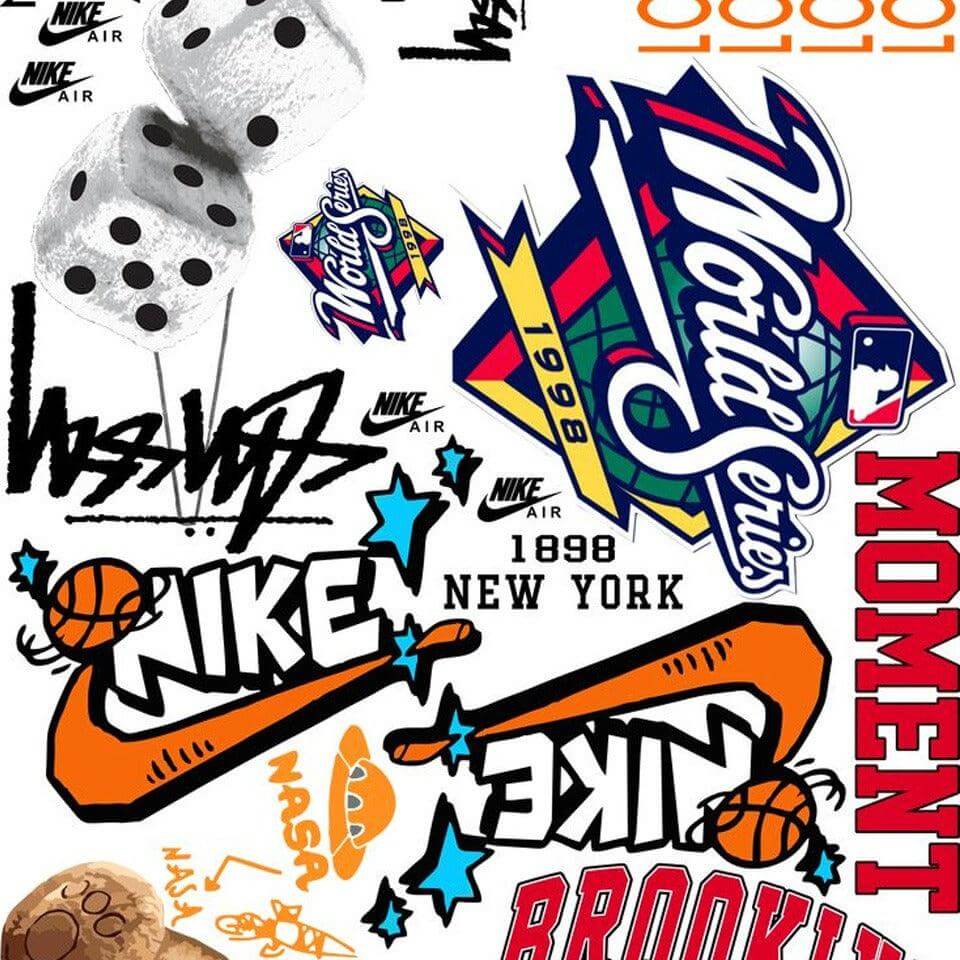 Collection of Nike logos and graphics on a white background