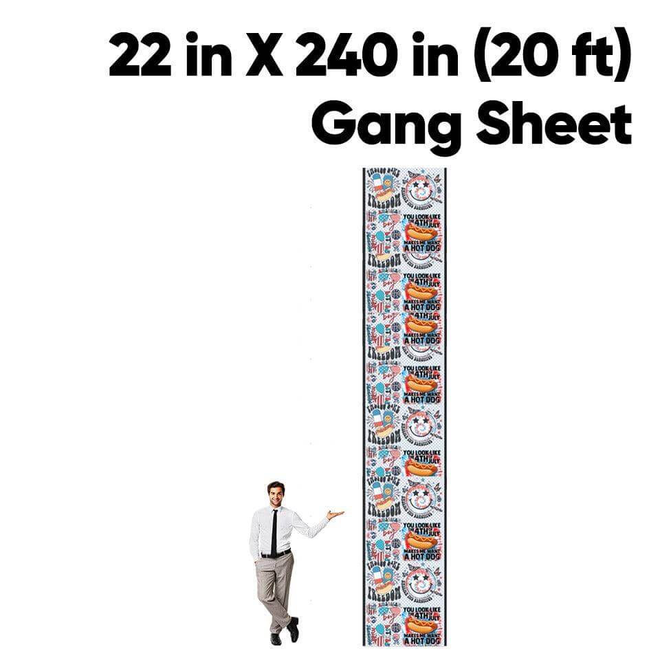 Gang sheet with colorful design next to a person for scale on a white background