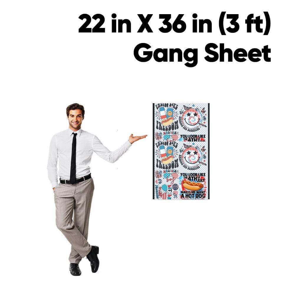 Man holding a colorful poster with text and graphics, standing next to dimensions '22 in X 36 in (3 ft) Gang Sheet'.