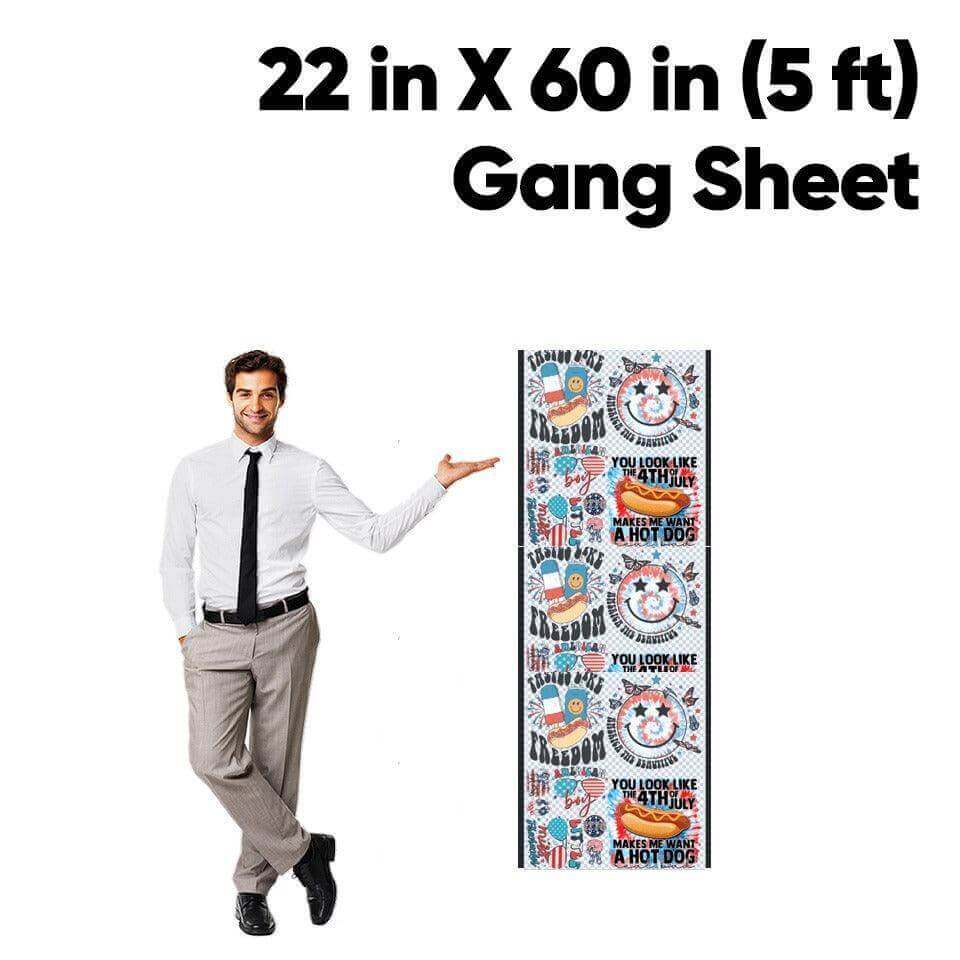 Man holding a large colorful sheet with text and graphics, labeled '22 in X 60 in (5 ft) Gang Sheet'.