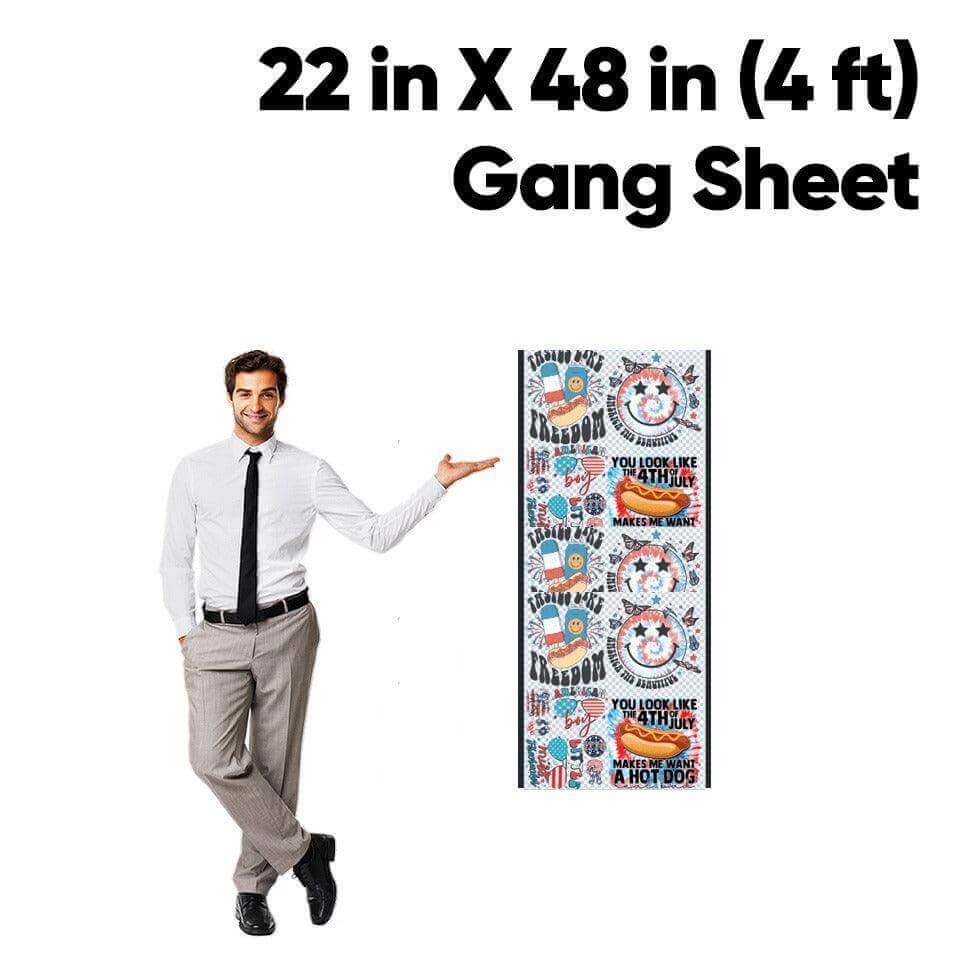 Man holding a large colorful sheet with text and graphics, standing next to dimensions '22 in X 48 in (4 ft)'.