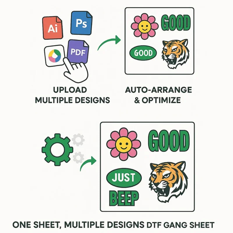 Diagram showing the process of uploading multiple designs, auto-arranging, and optimizing them on a DTF gang sheet.