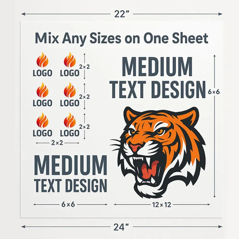 Sheet of stickers with tiger logo and text design, showing dimensions and mixability.