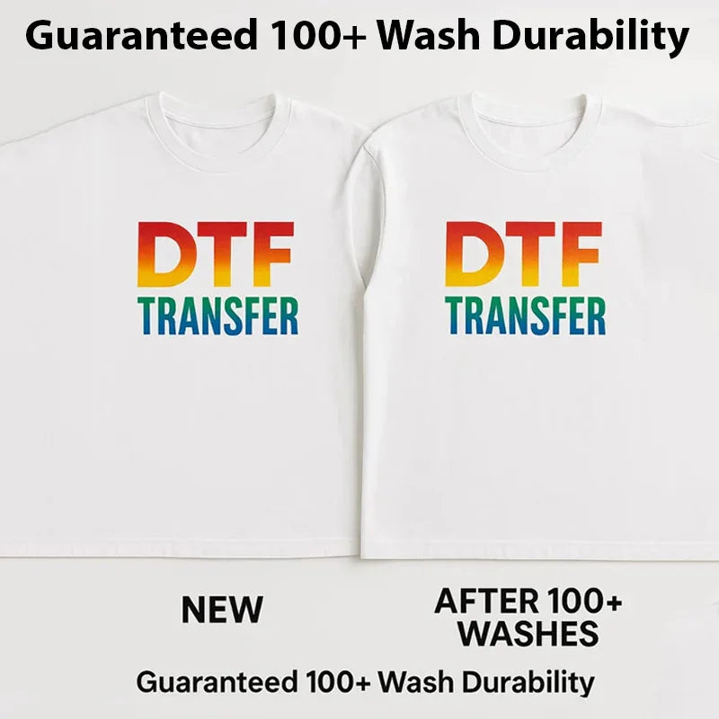 Two white t-shirts with DTF Transfer text, one new and one after 100+ washes, on a white background.