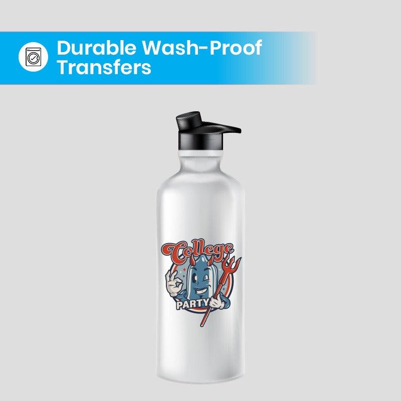 Durable wash-proof UV DTF transfer decal on a custom water bottle.