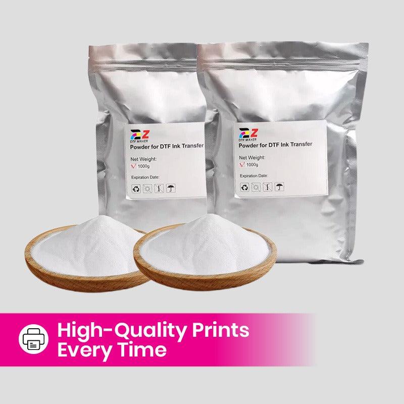 Two sealed silver bags labeled 'EZDTF Maker DTF TPU Transfer Powder' and 'EZDTF Maker DTF TPU Transfer Powder 2', placed on a wooden surface with a label stating 'HIGH-QUALITY PRINTS every time'.