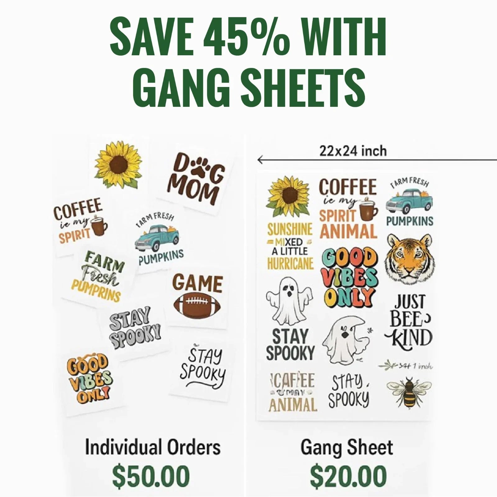 Promotional graphic for Gang Sheets with various designs and text on a white background.