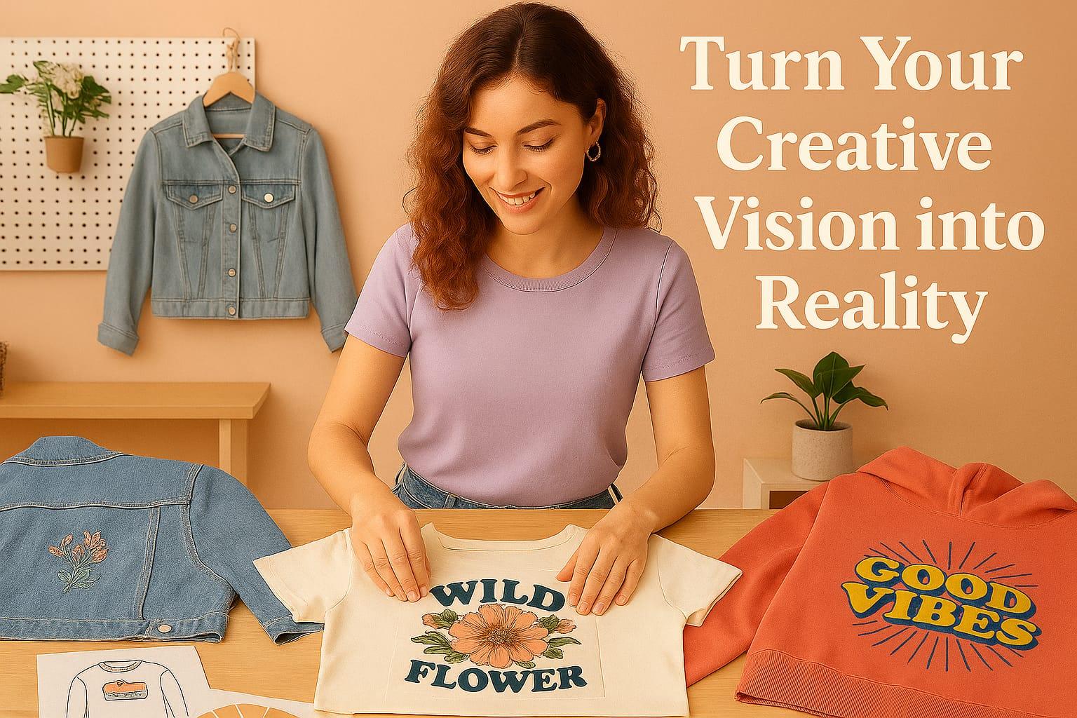 Woman working on a tote bag with 'Wild Flower' design, surrounded by clothing and text 'Turn Your Creative Vision into Reality'.