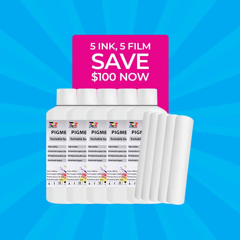 A bundle of EZDTF premium supplies for UVDTF printing, including five ink bottles and five film containers, with a label stating '5 ink film save $100 now'.