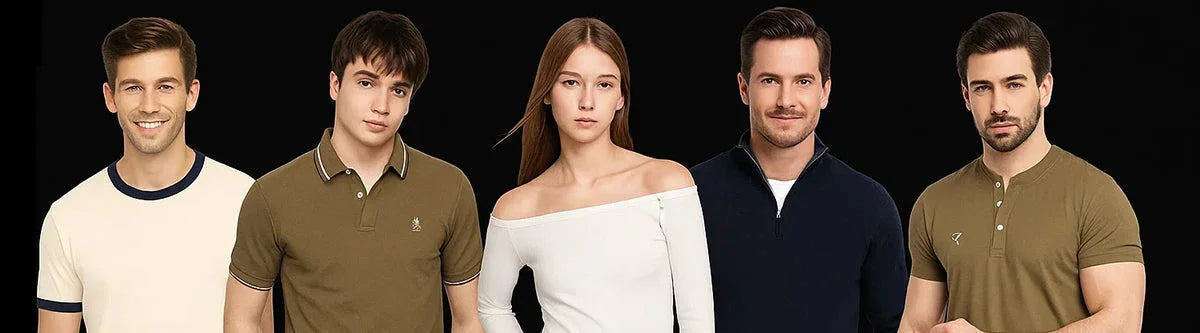 Group of five fashion models wearing casual and semi-formal outfits, including polo shirts, a white off-shoulder top, and a zip-up sweater, posing against a black background