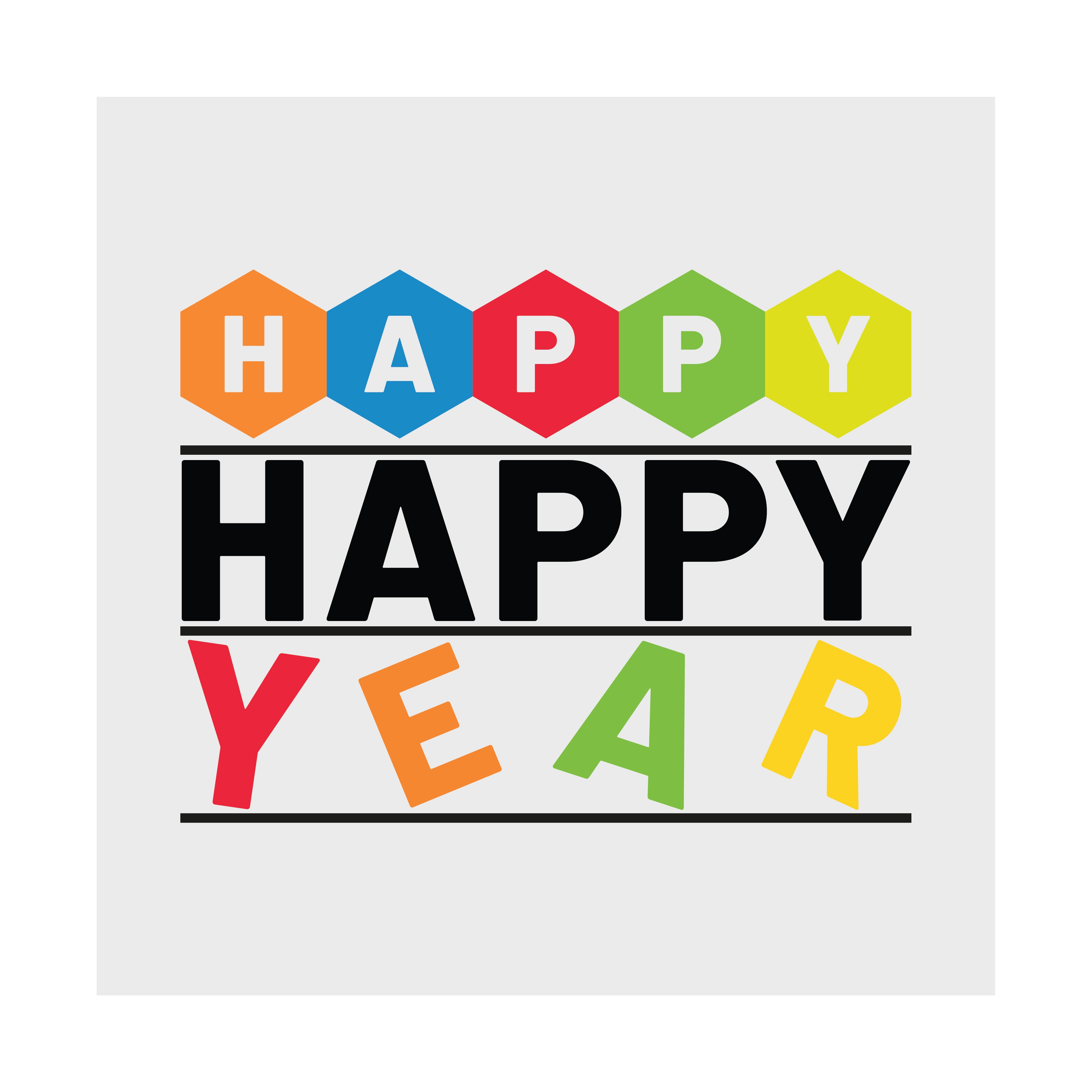 Colorful 'Happy Happy Year' design on a white background