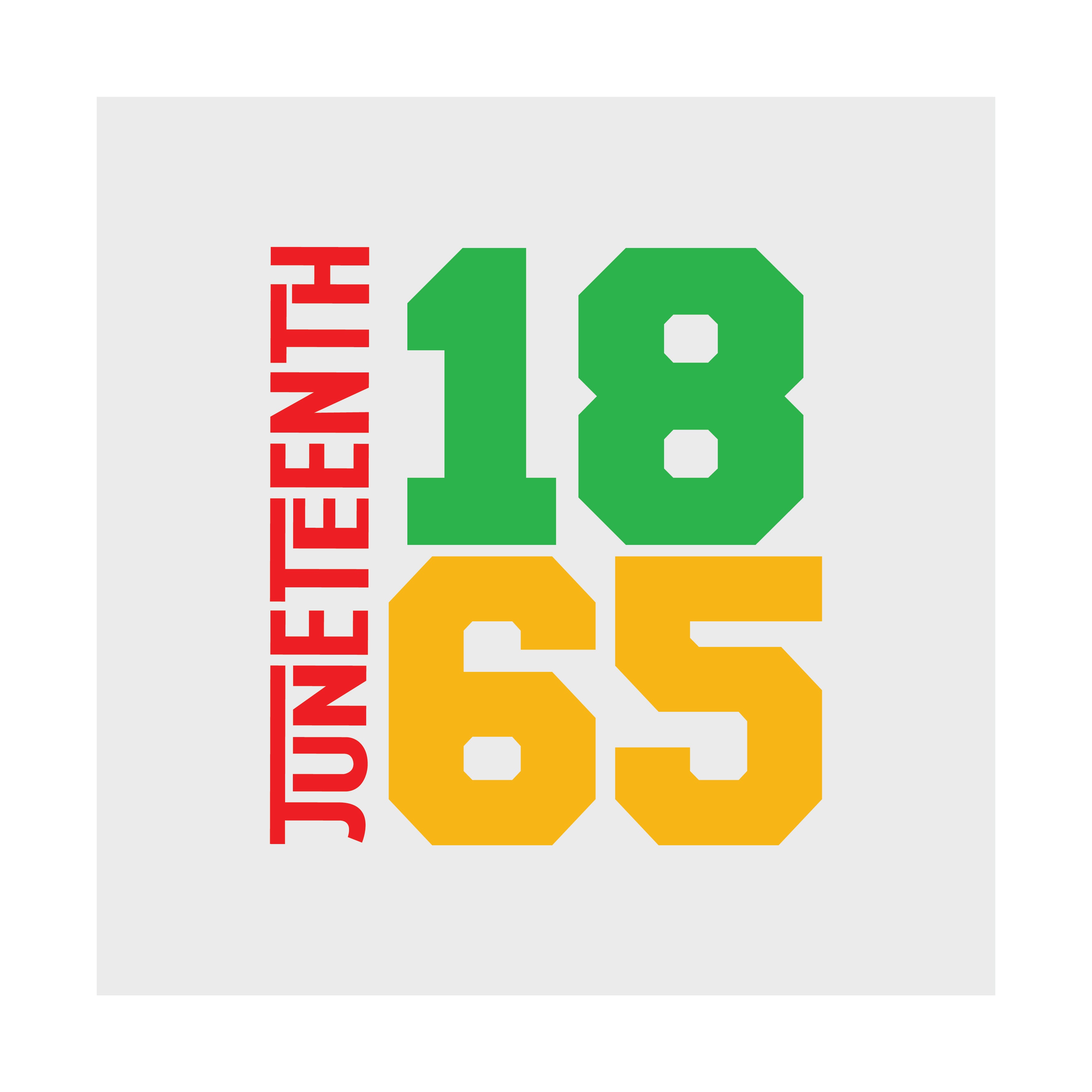 Text 'Juneteenth 1865' in red, green, and yellow on a white background